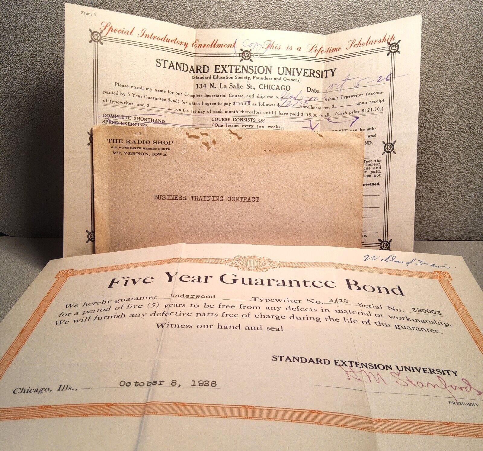 1926 Lot Of 3 Pc.~Envelope~Std. Ext. University, Chicago, Il.~5 Yr. Warranty, #1