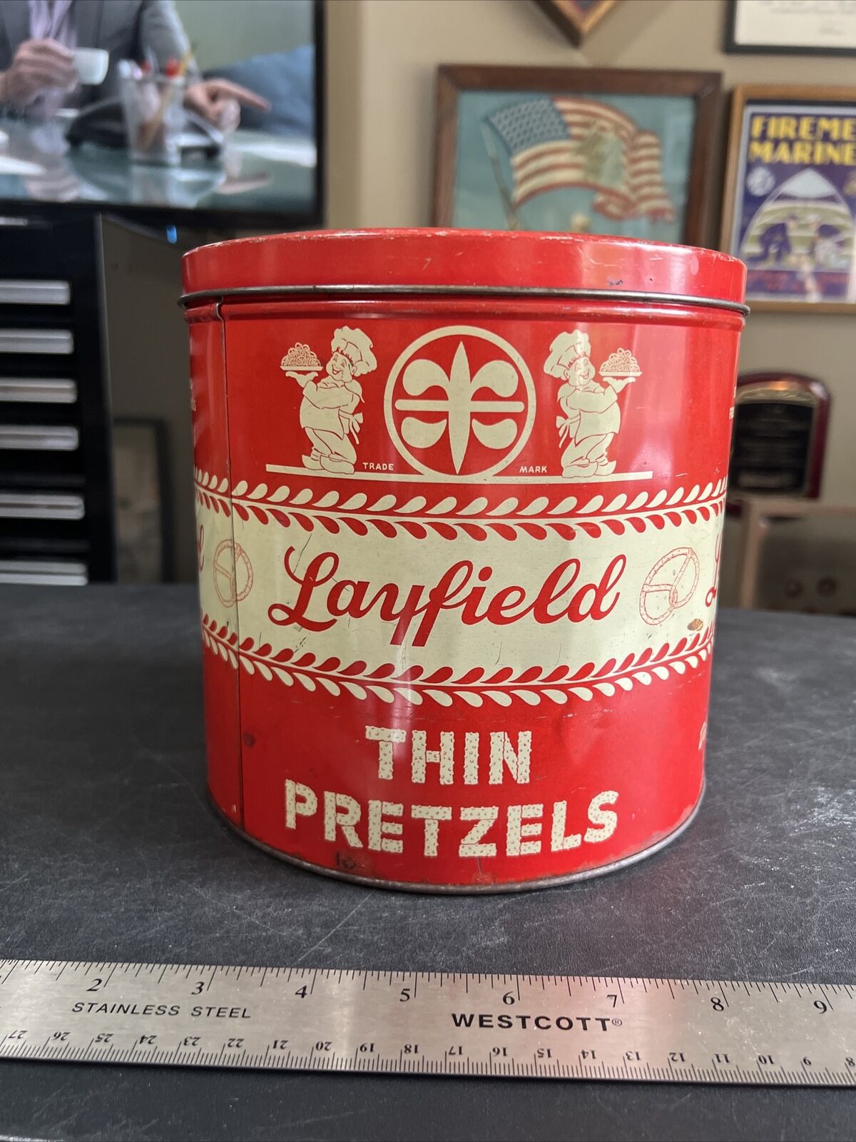 Vintage Metal Chip Snack Tin Layfield Thin Pretzels Allentown Pa