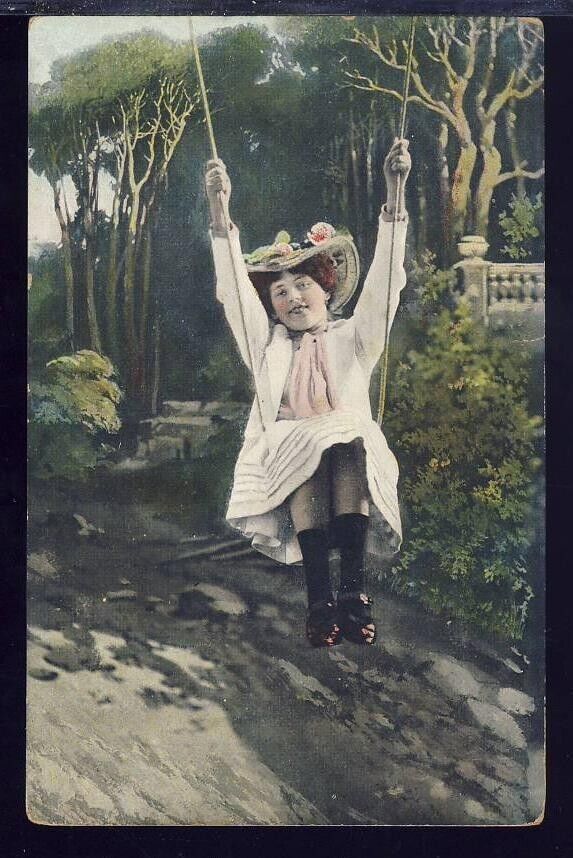 VTG Postcard Antique 1907-15, Girl Swinging on Tree Swing, Odd & Creepy