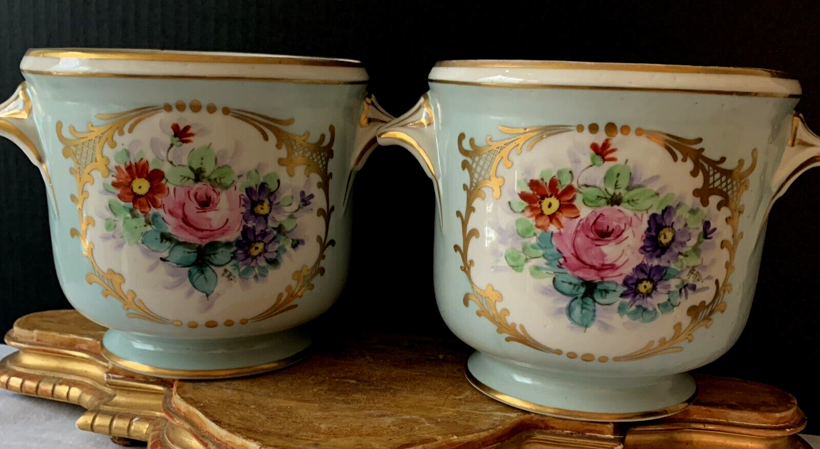 Pair Antique French Porcelain Cache Pots Planters