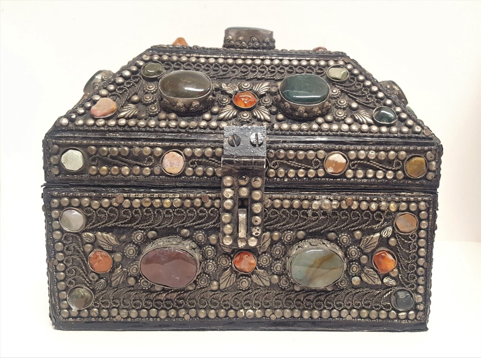 Moroccan Jeweled Box Jewelry Trinket Wedding Silvered Chest Vintage Stone Metal