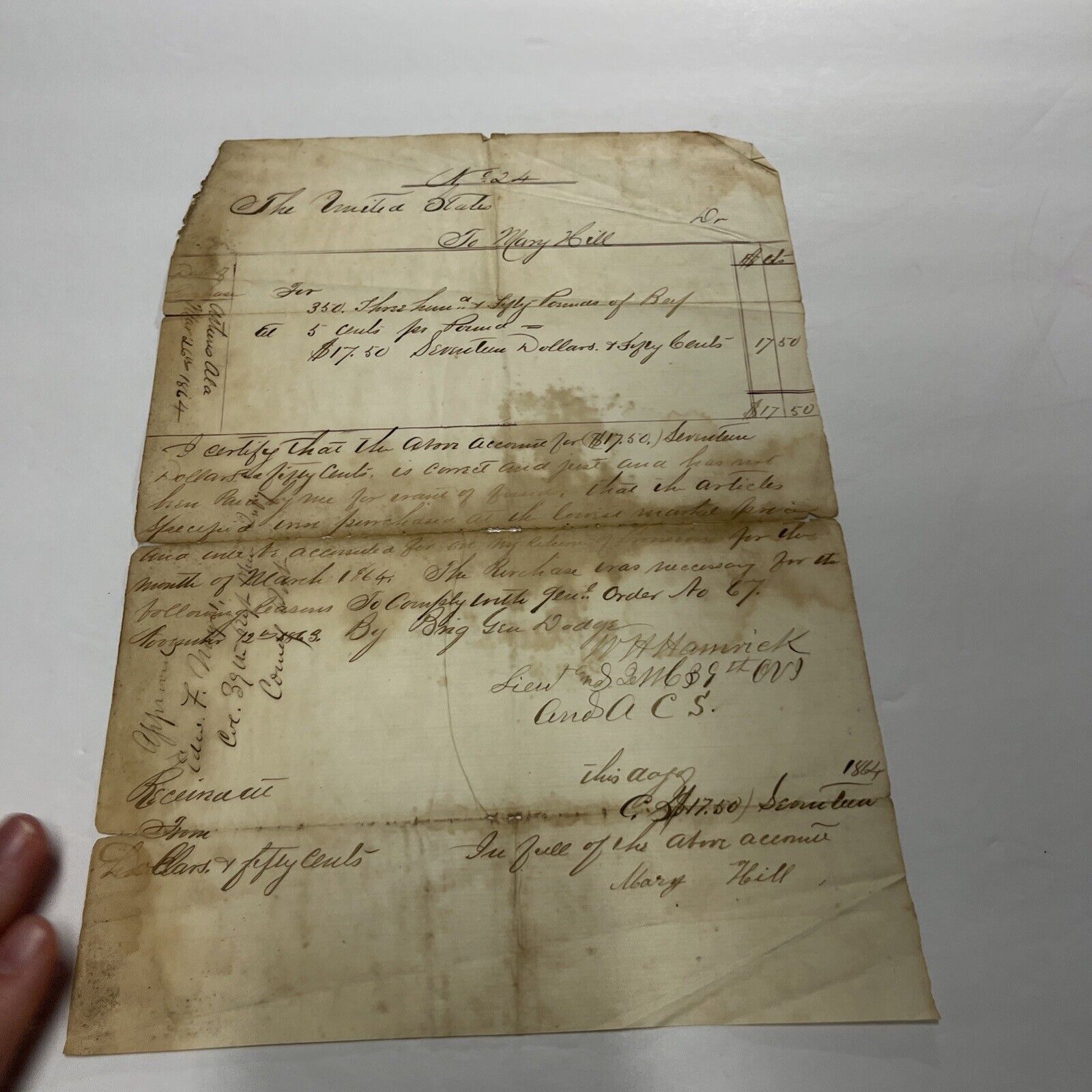 1864 Civil War Bill Of Sale Document 