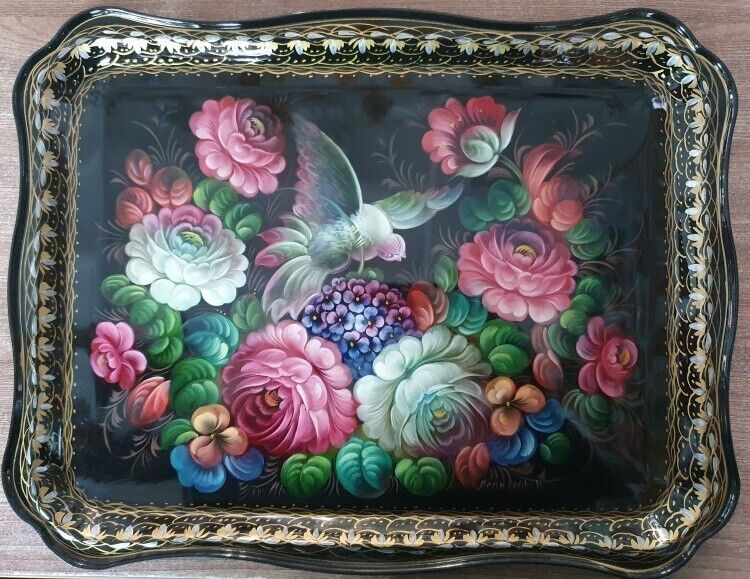 Russian tray Zhostovo hand painted metal dish multicolor
