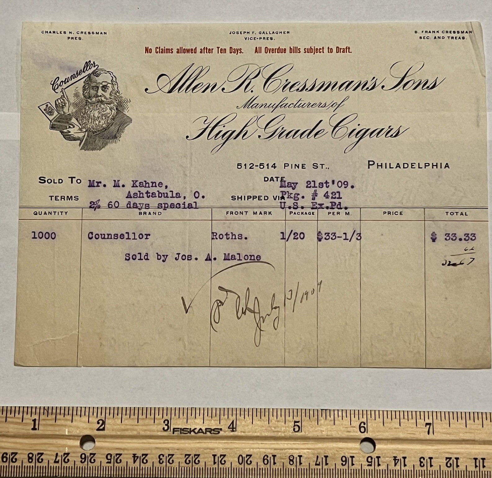 1909 ALLEN R. CRESSMAN\'S SONS HIGH GRADE CIGARS RECEIPT FOR COUNSELLOR CIGARS