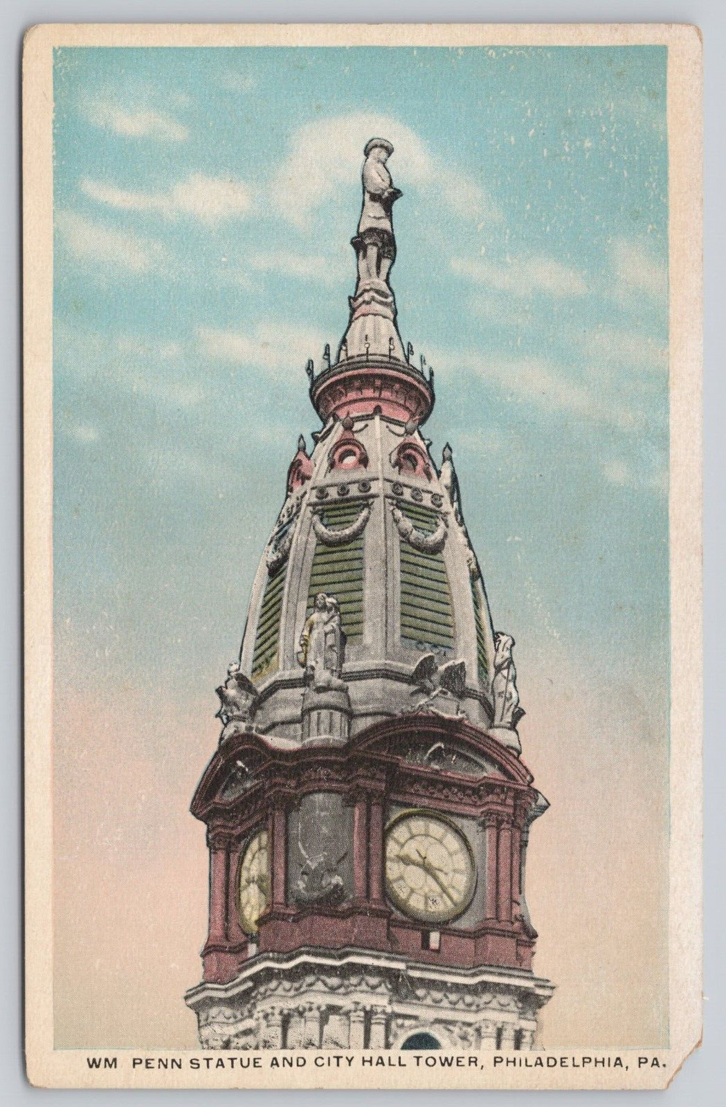 Postcard Wm Penn Statues Philadelphia City Hall White Border