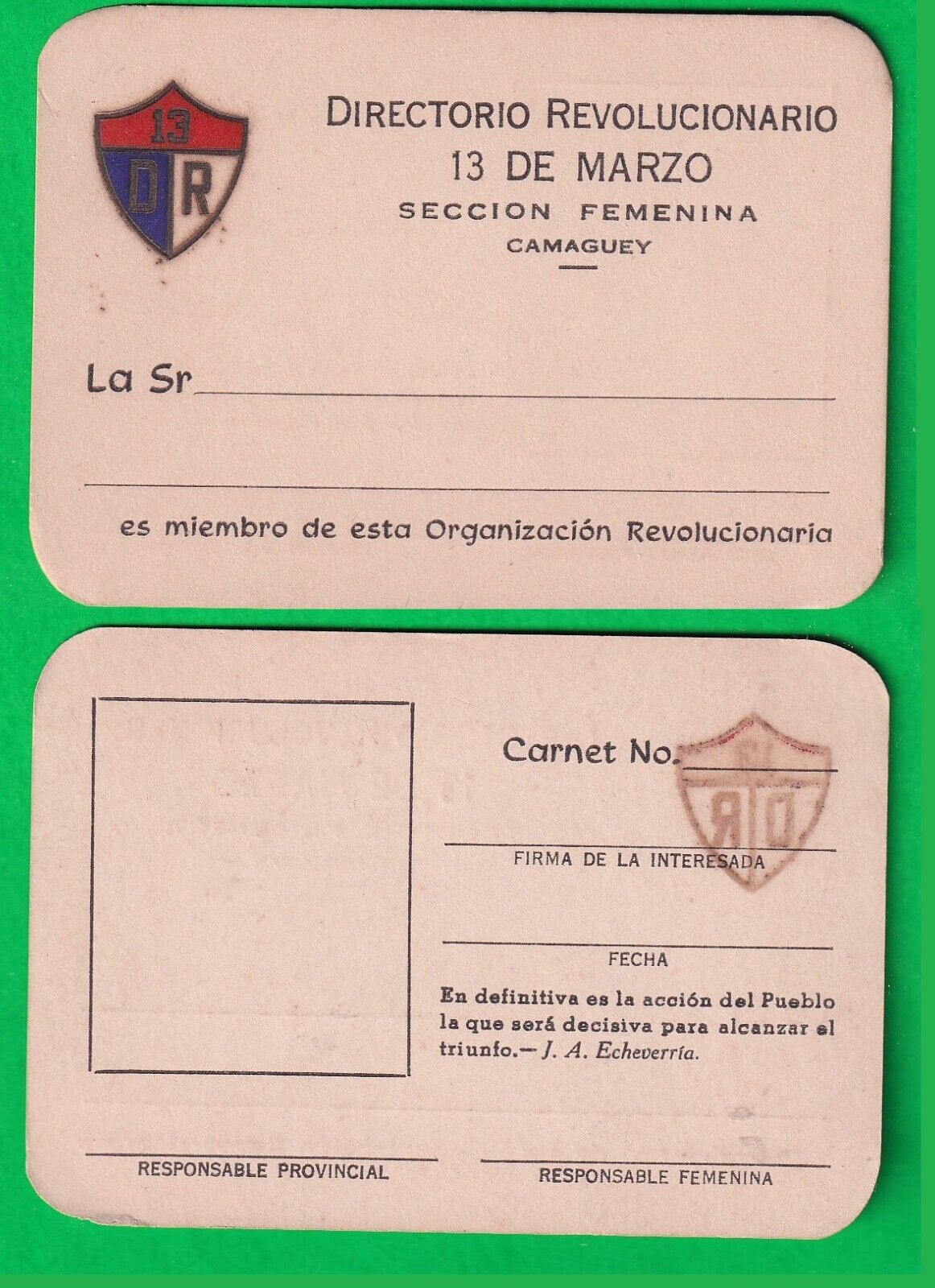 Cuba women\'s section member card of Revolutionary Directory March 13, 1959