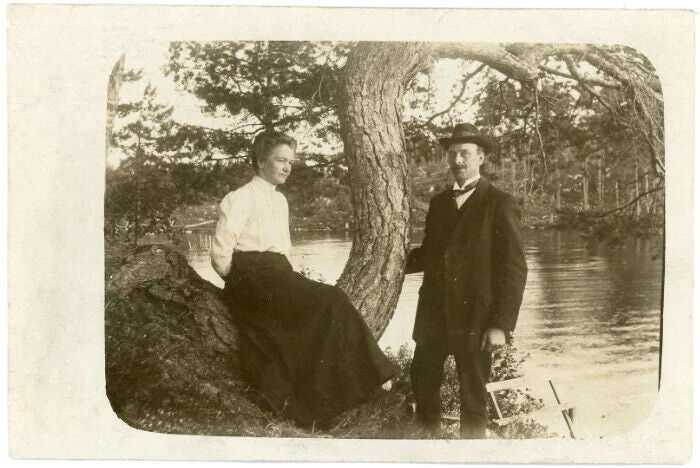 Well Dressed Couple by River Antique RPPC Real Photo Postcard Tree Woman Man 151