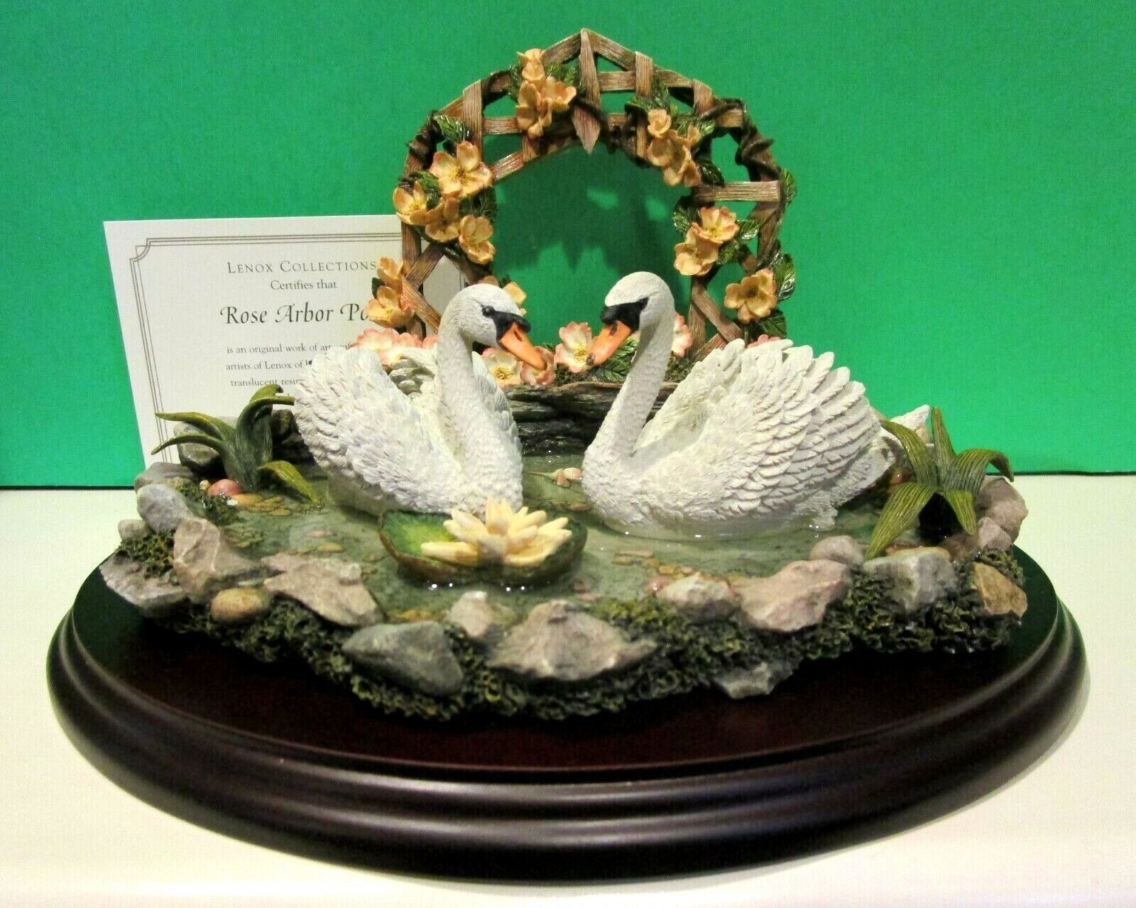 LENOX ROSE ARBOR POND SWANS sculpture  includes Wood Base -- NEW in BOX with COA
