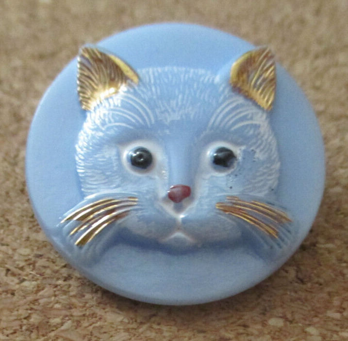 1 - Czech Glass White Cat Face on a Round Blue UV Reactive Button #58 25.51mm