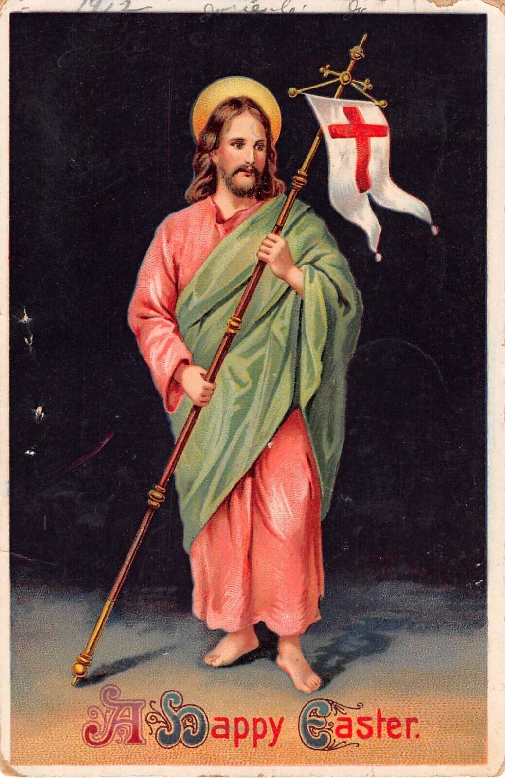1912 Religious Gelatin Easter of Jesus Christ Holding Staff With Cross on Flag