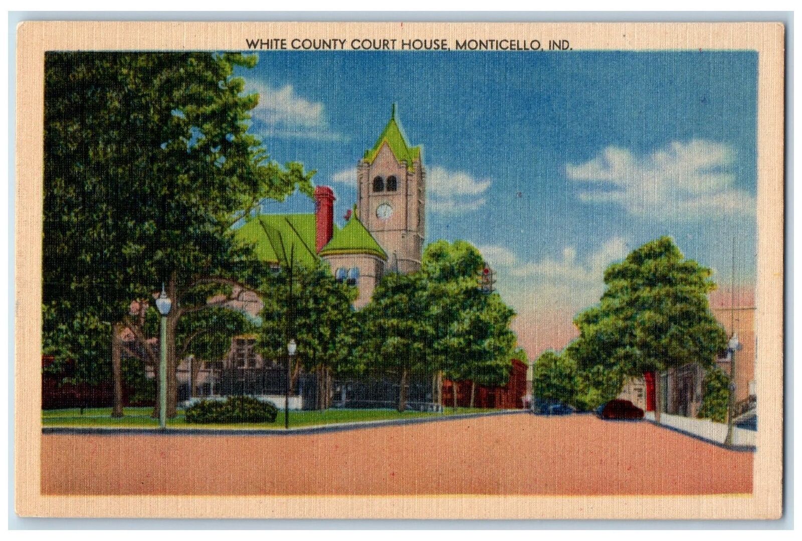 c1940\'s White County Court House Building Clock Tower Monticello IN Postcard