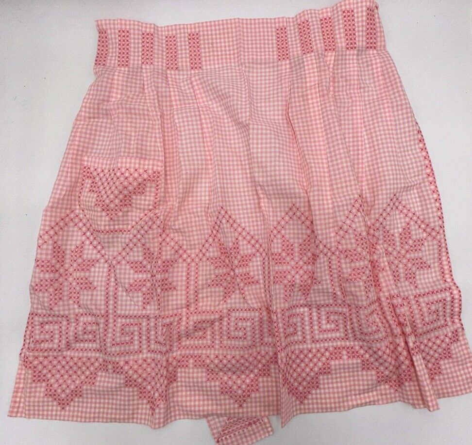 Vintage Handmade Waist Apron Pink & White Gingham With Pocket & Embroidery