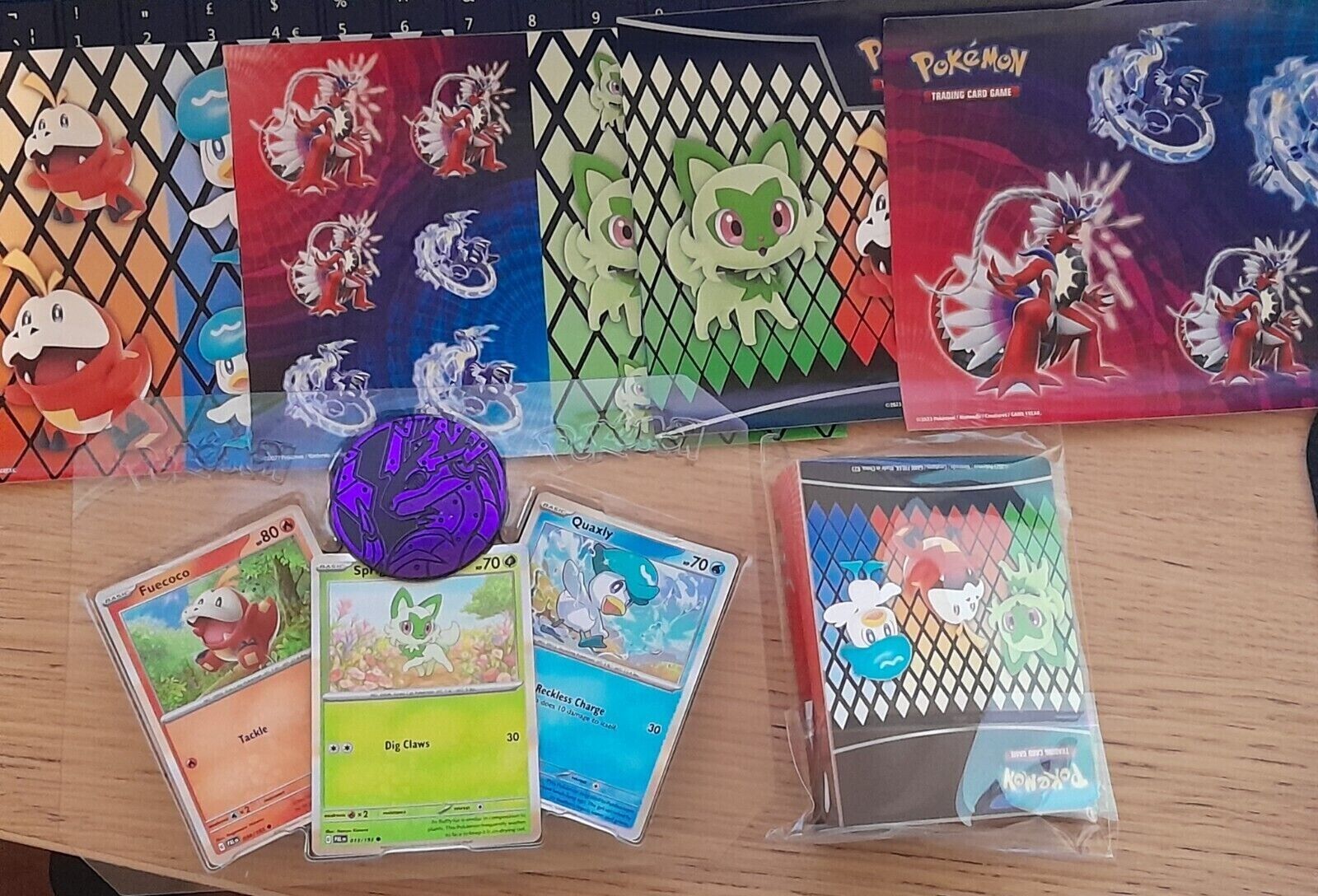 Pokémon TCG Koraidon & Miraidon Chest Promo Cards + stickers +Coin +Mini Binder