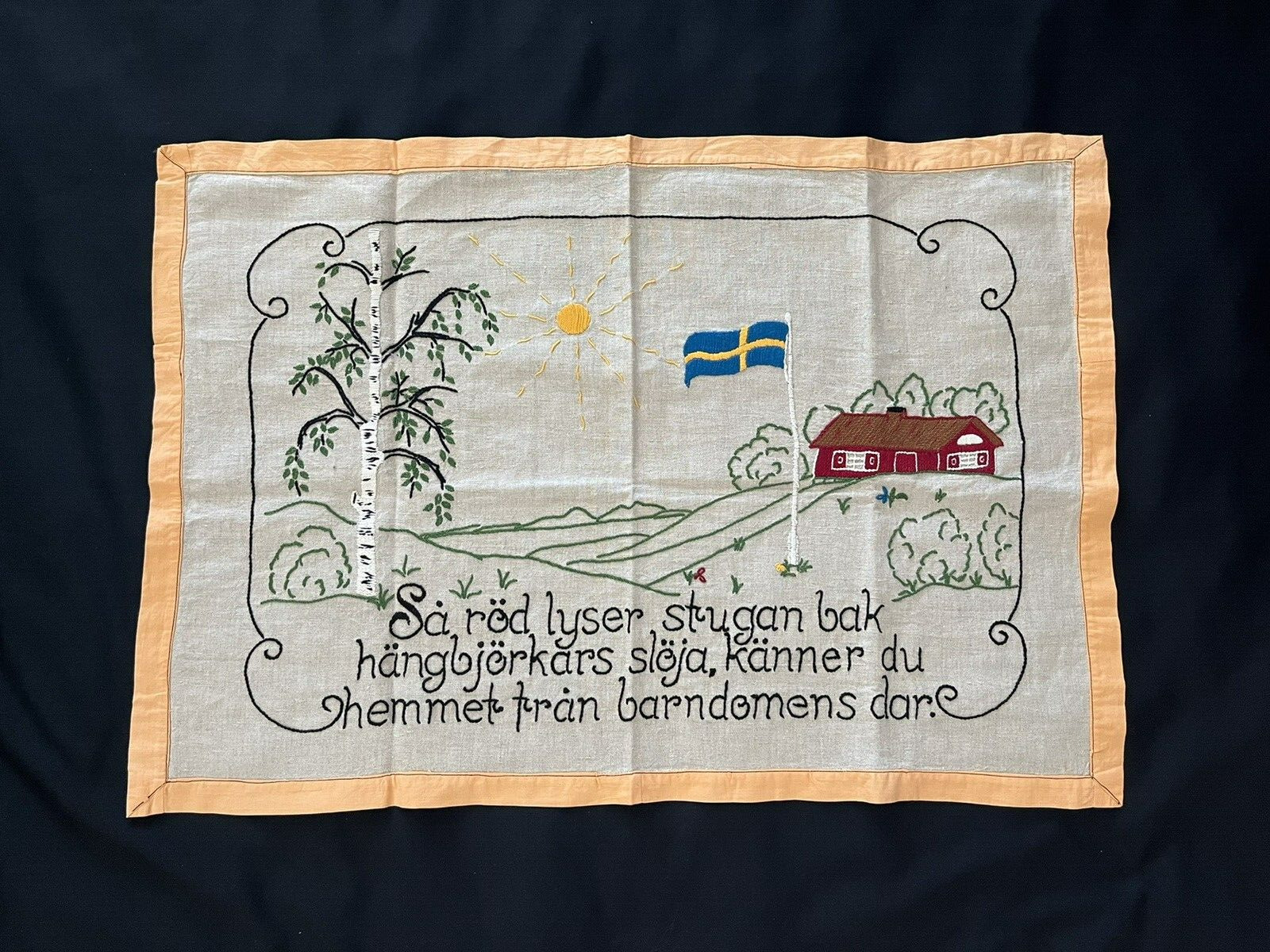 Vintage Swedish Hand Embroidered Tapestry / Wall Hanging on Linen Flag , House