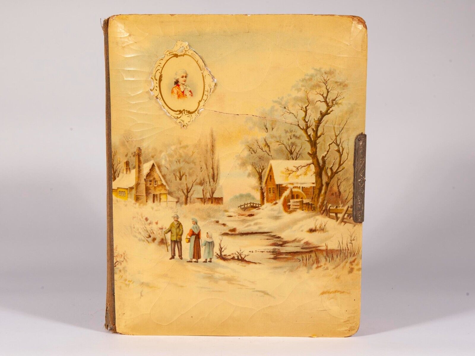 Antique Vintage Celluloid Photo Album - Family Coming Home in Snow