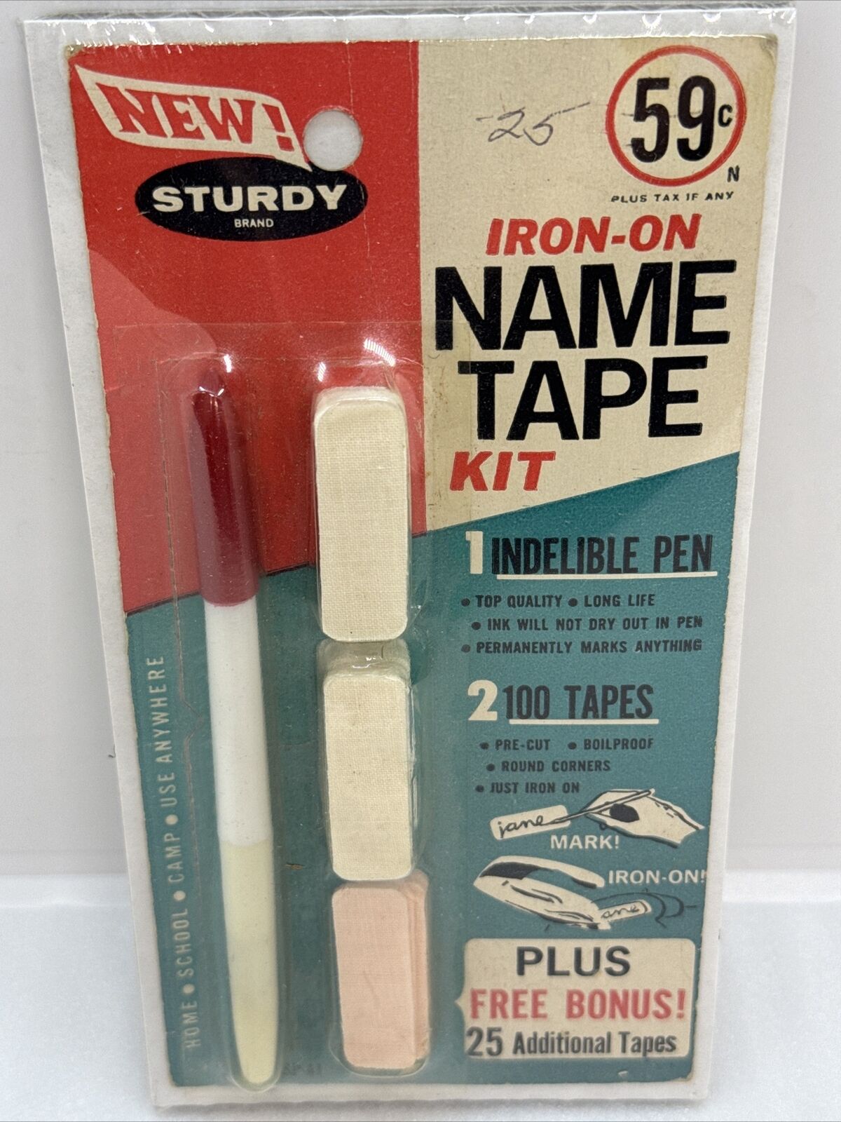 Vintage STURDY Brand Iron-On Name Tape Kit Indelible Pen & 125 Pre-cut Tapes NOS