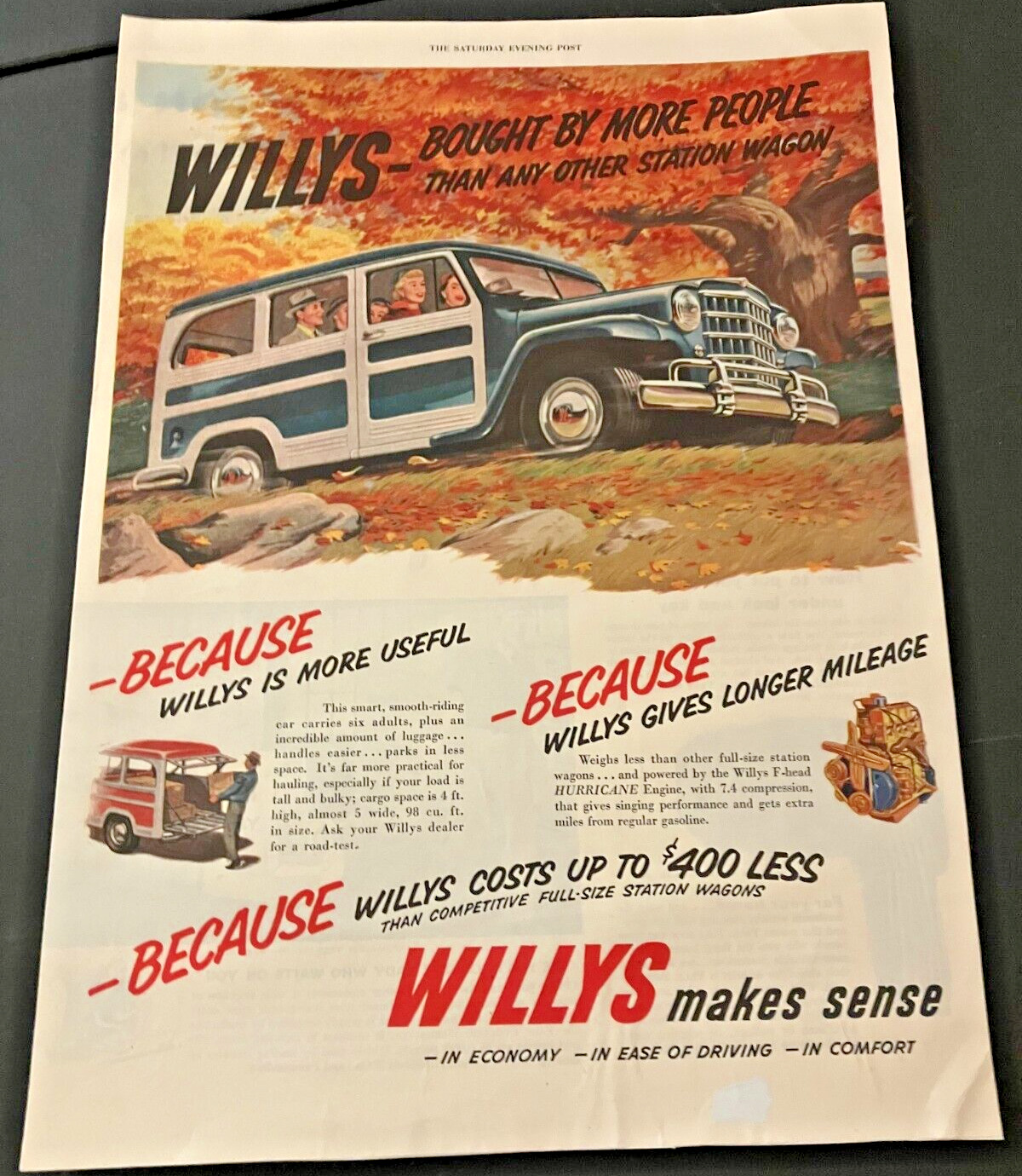 1951 Willys Jeep Station Wagon - Vintage Illustrated Color Print Ad / Wall Art