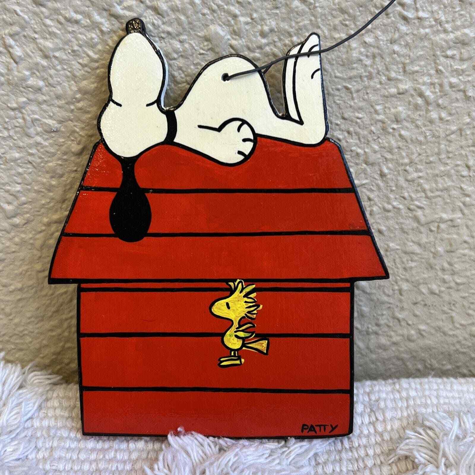 Vintage Snoopy & Woodstock Wooden Hand Painted Ornament Christmas Signed Patty