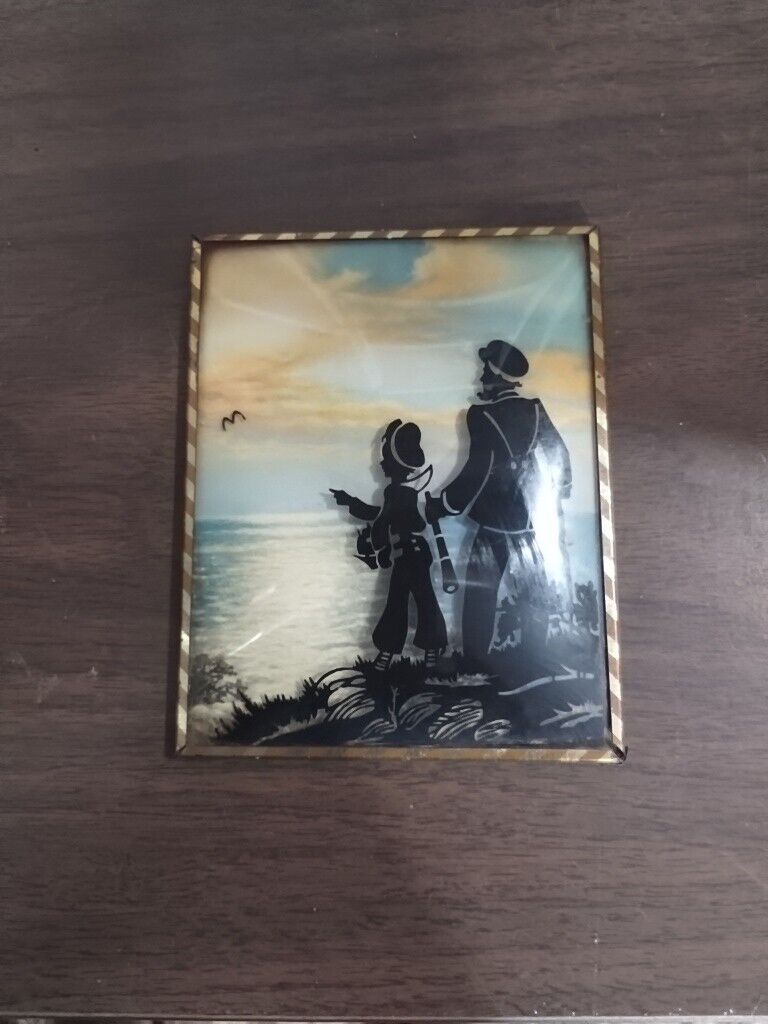 Silhouettes Framed Reverse Painted Curved Glass Girl Sailor Sunset Lighthouse