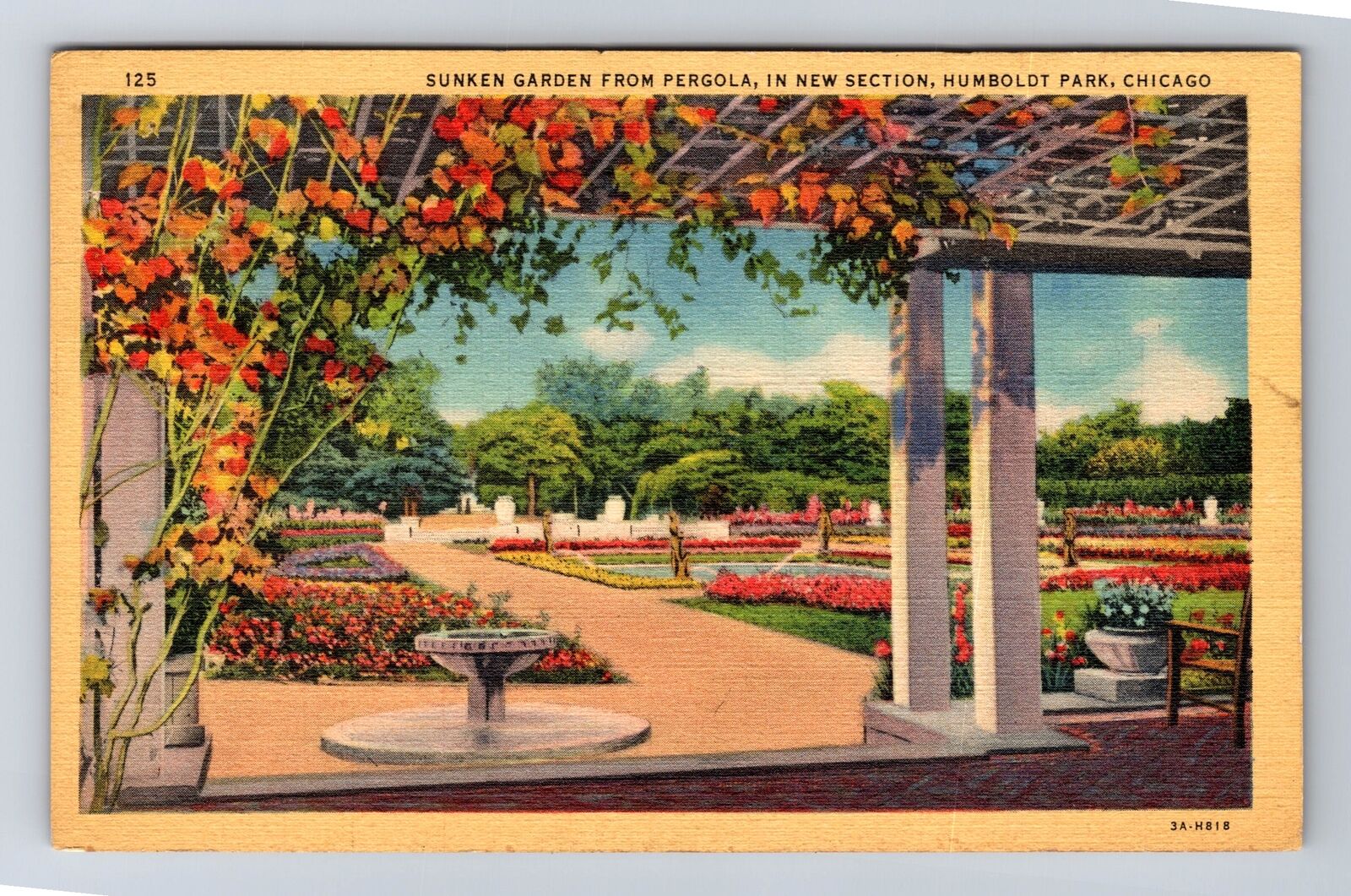 Chicago IL-Illinois, Sunken Garden From Pergola, Antique Vintage c1939 Postcard