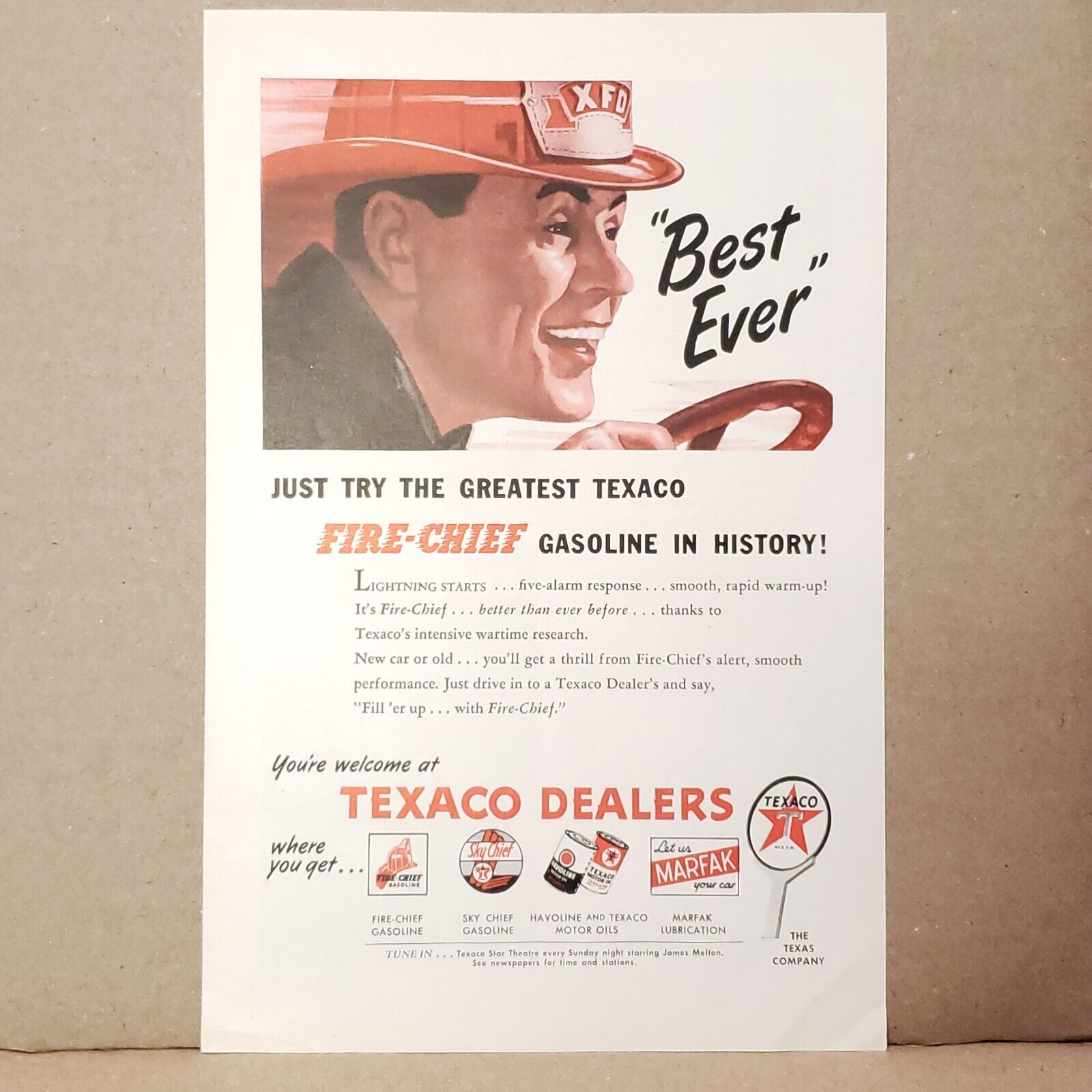 1946 Texaco Print Ad Greatest Fire Chief Gasoline in History