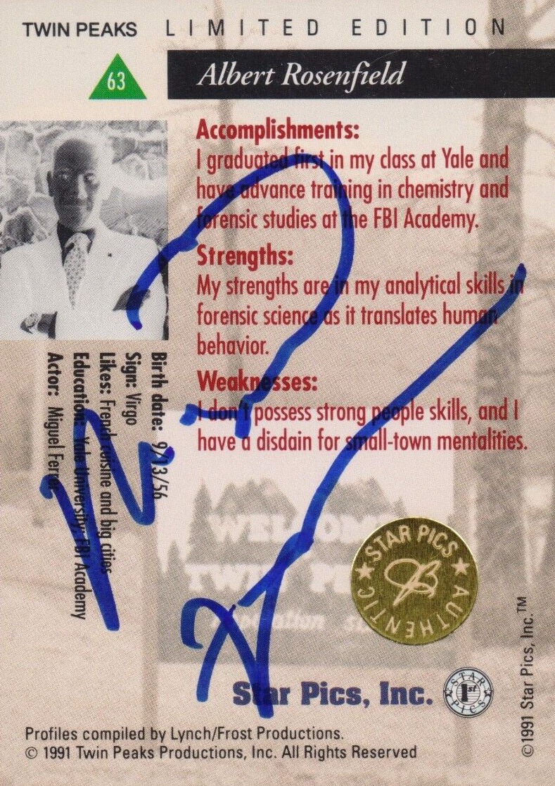 1991 Star Pics Inc. Twin Peaks Miguel Ferrer (Albert Rosenfield ) Autograph Card