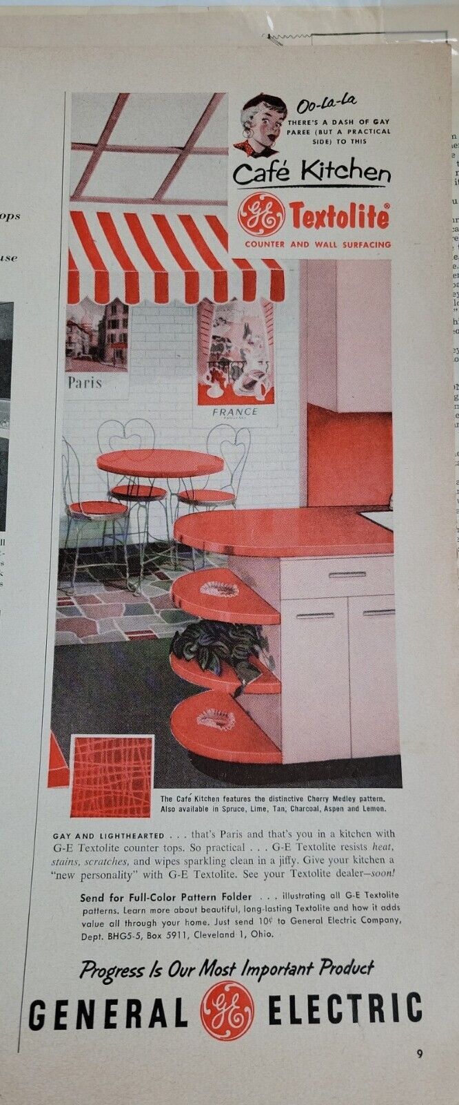 1955 GE General Electric Pink Red  kitchen Cabinets Ice Cream Stools Vintage Ad
