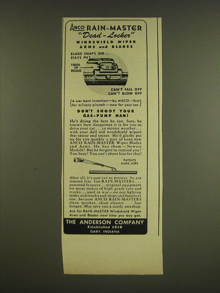 1945 Anco Rain-Master Dead-Locker Windshield Wiper Arms and Blades Advertisement