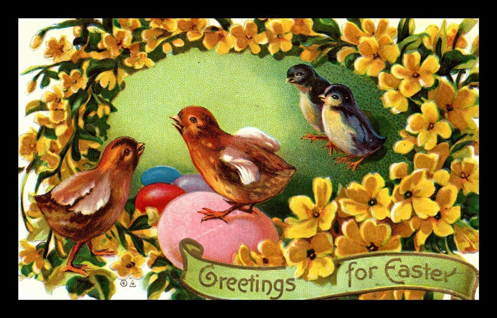 c1910 Easter Baby Chicks Colored Eggs Flowers Greetings for Easter Postcard 5-54