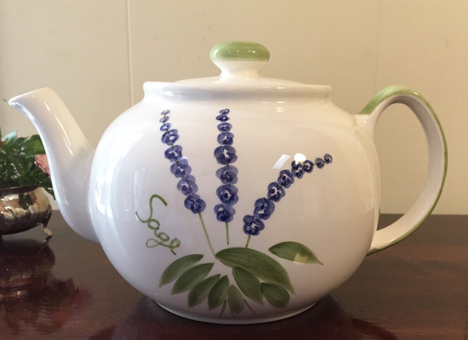 Large Handpainted Teapot with Purple Flower Chives & Sage by SANTOS of Portugal