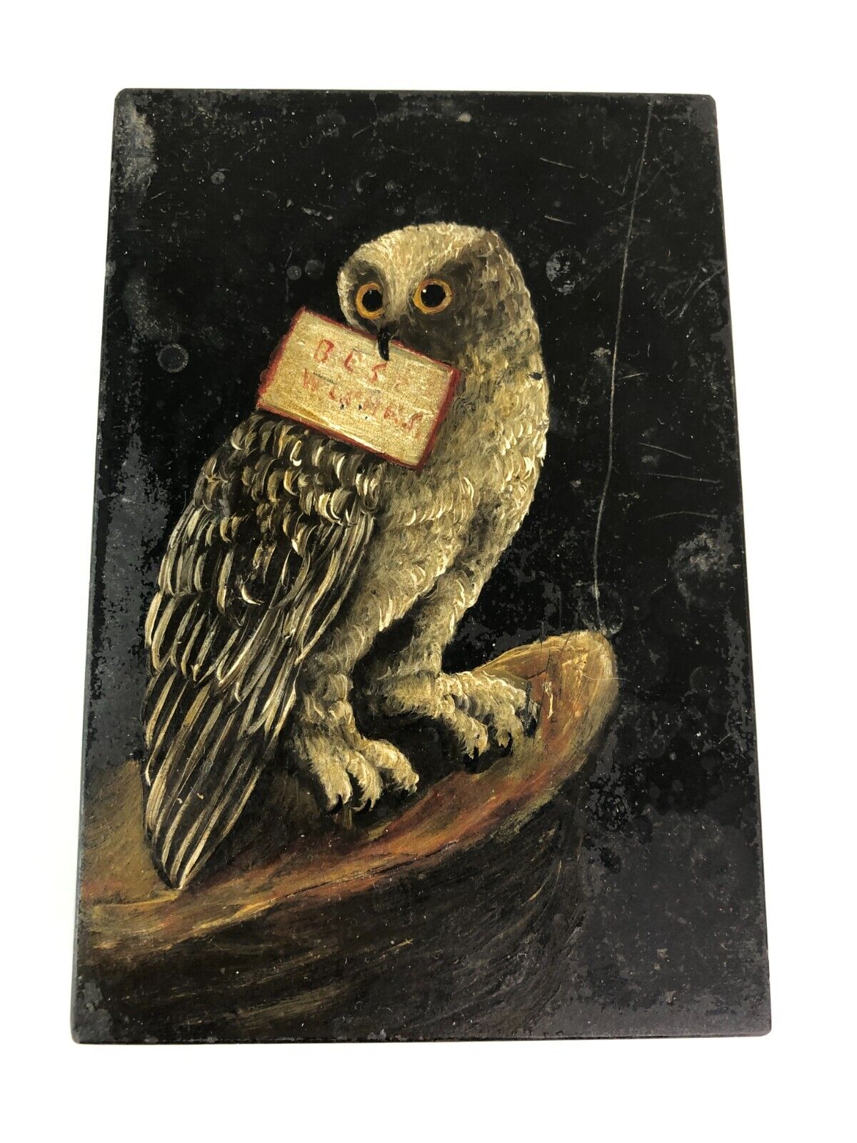 Miniature Hand Painted Owl on Black Granitite Paperweight