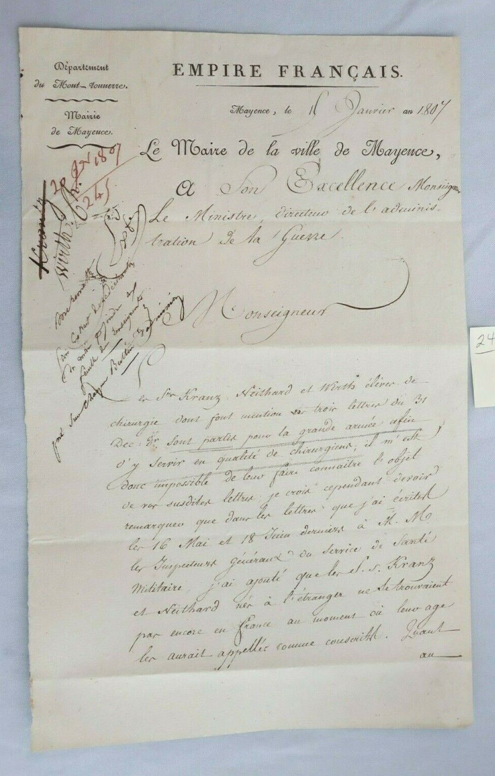 1807 Letter by French Mayor of Maynce (Mainz) Napoleon Waterloo Battle War