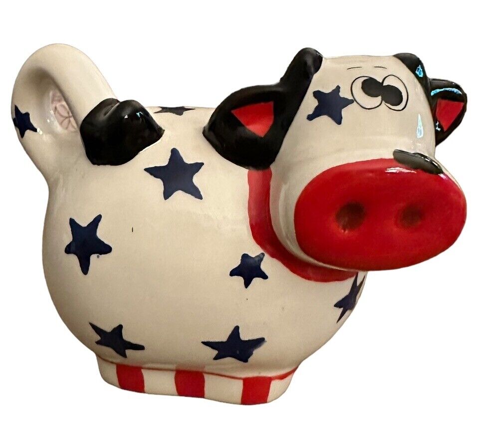 Cow Piggy Bank Ceramic Red White Blue Patriotic Farm Themed Kid Bedroom Nursery