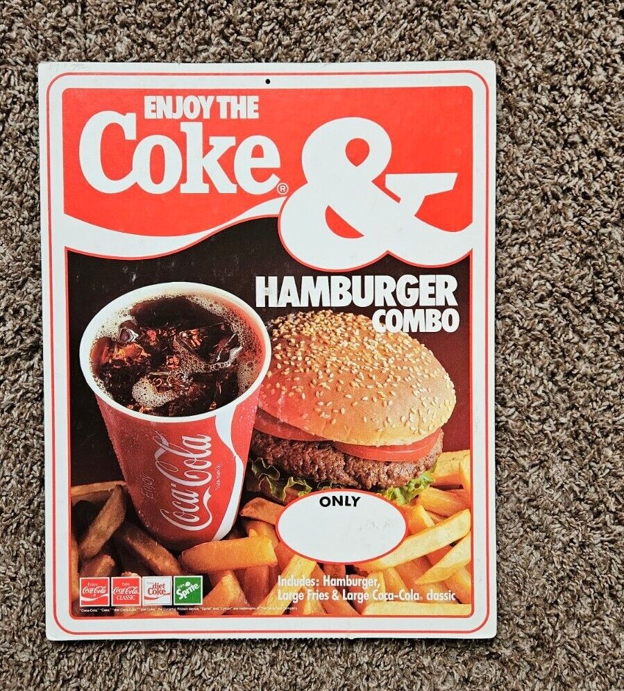 Vintage Enjoy the Coke & Hamburger Combo Cardboard Advertising Counter Sign 