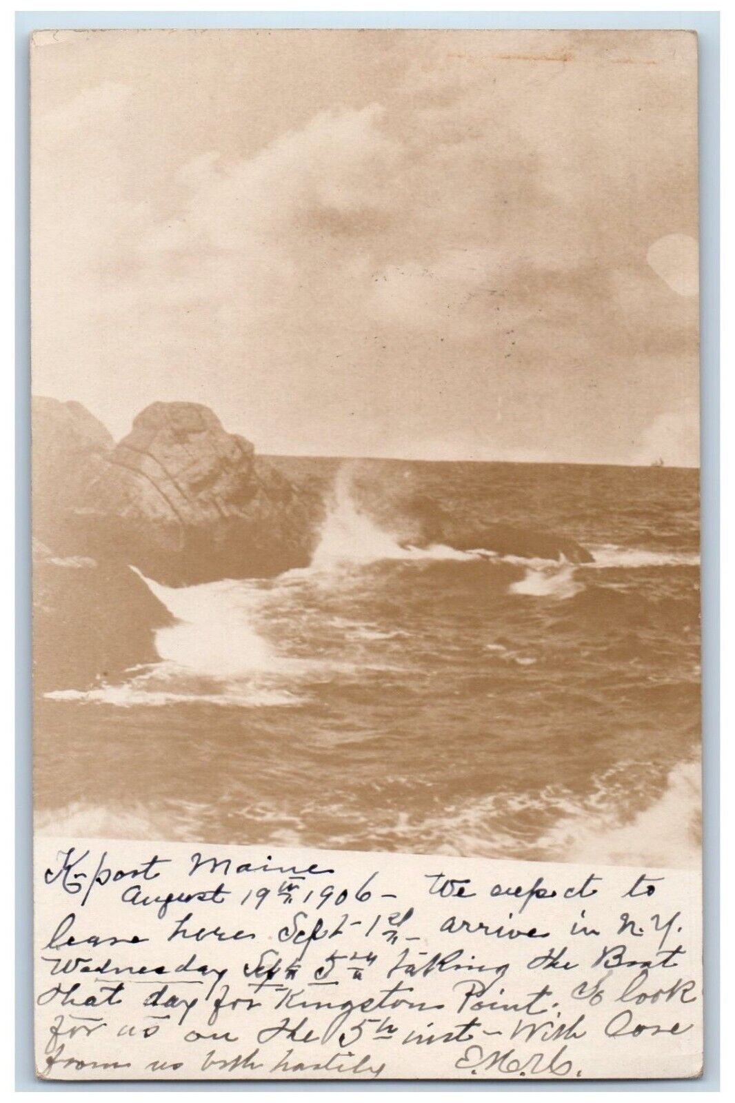 1906 Atlantic Ocean Coast Crashing Waves Kennebunkport ME RPPC Photo Postcard