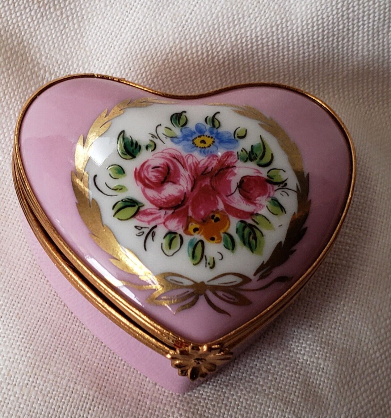 Limoges Castel France Hand Painted Heart Shaped Floral Trinket Jewelry Box 