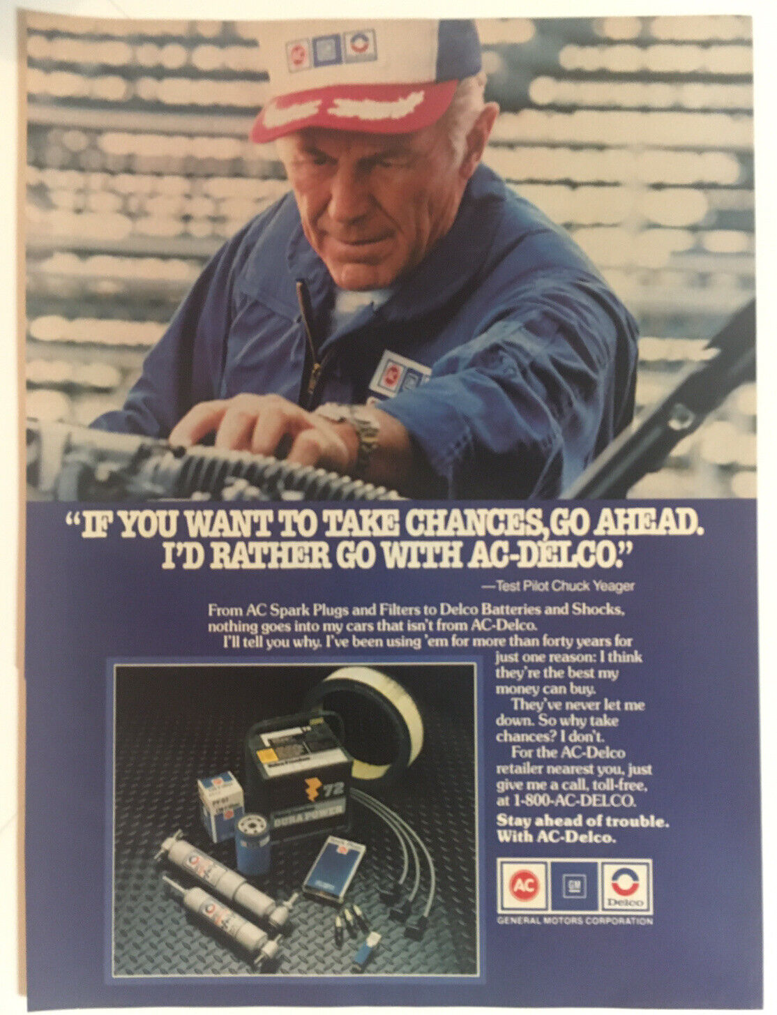 AC-Delco Spark Plugs Chuck Yeager 1987 Vintage Print Ad 8x11 Inches Wall Decor