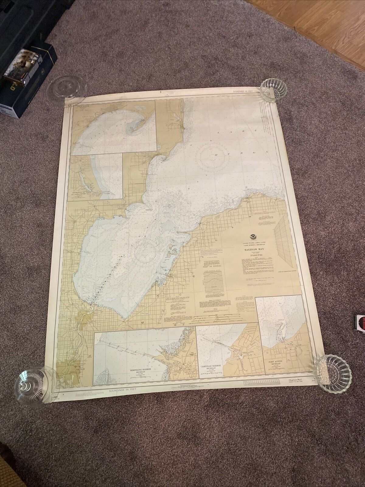 Vintage 1977 US Lake Survey/Chart Of Lake Huron/ Saginaw Bay/Caseville 47”x36”MI
