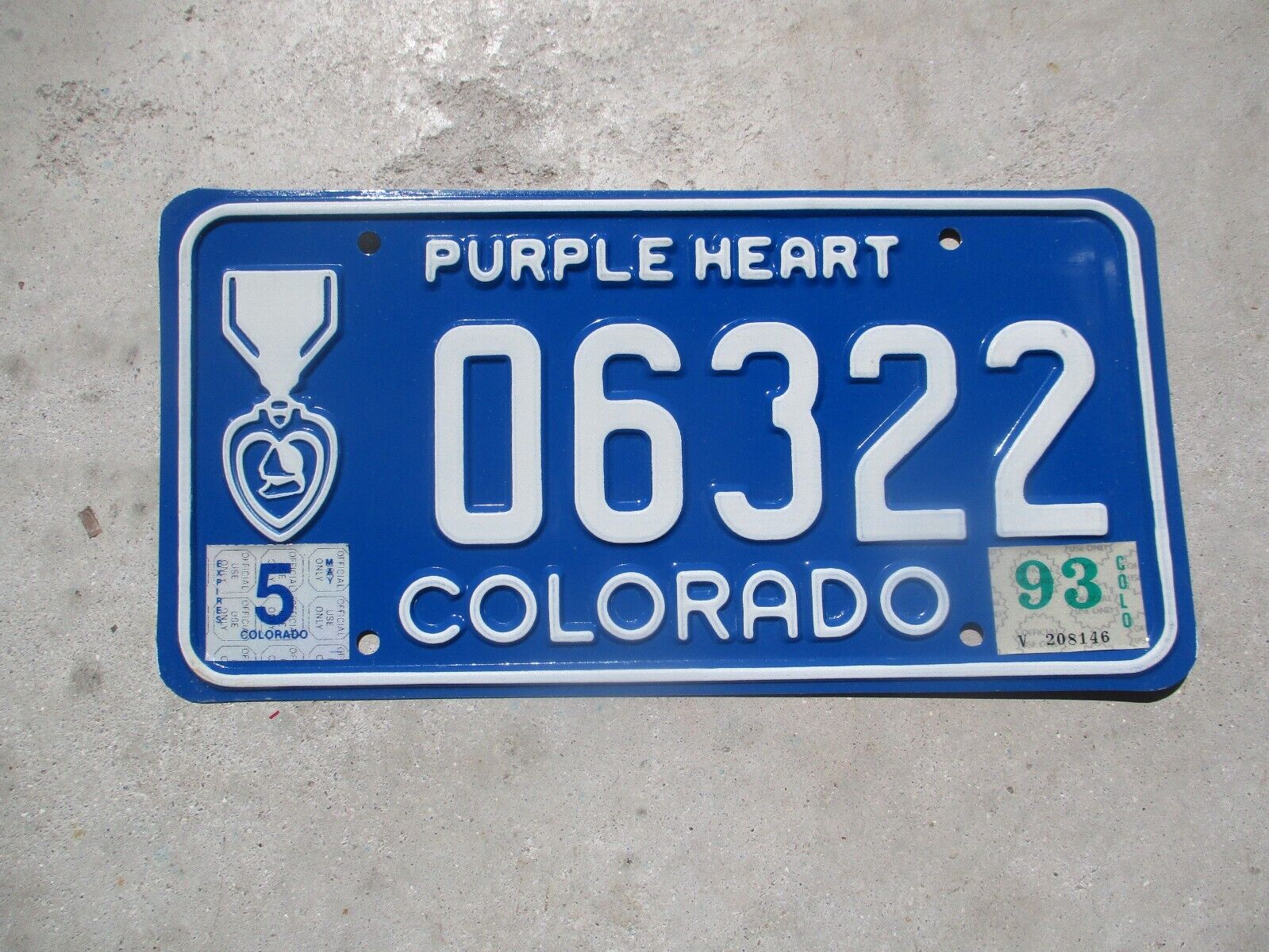 Colorado 1993 Purple Heart license plate #  6322