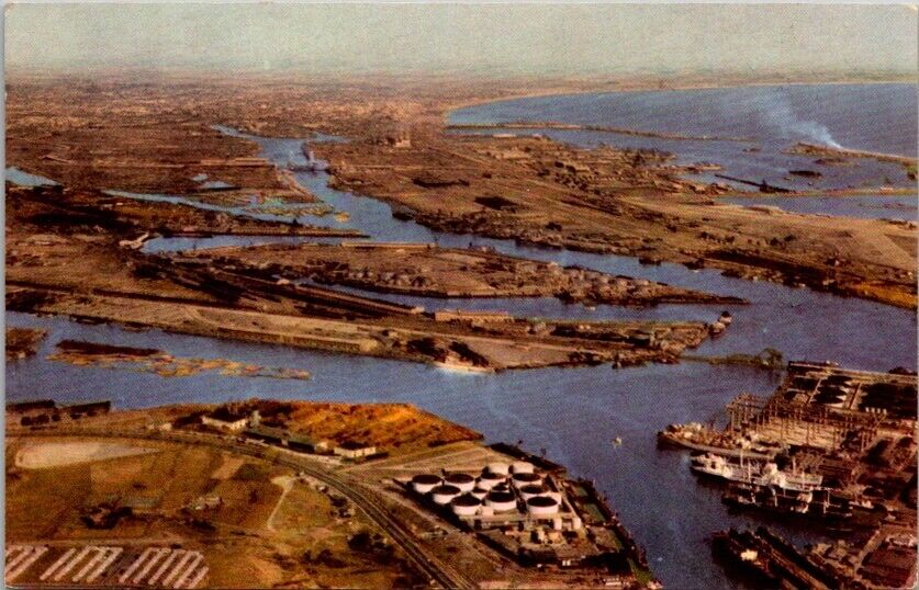 Vintage Postcard Aerial View of Los Angeles Long Beach Harbor California CA 1207