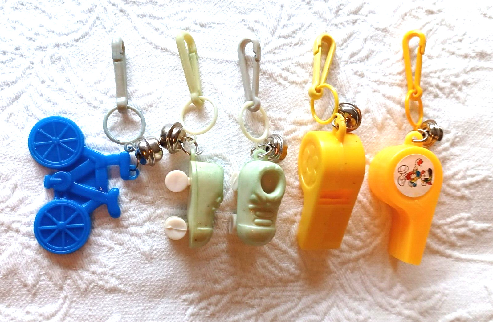 Vintage 80\'s Plastic Bell Charms W/Clips Roller Skates Working Whistles Bicycle