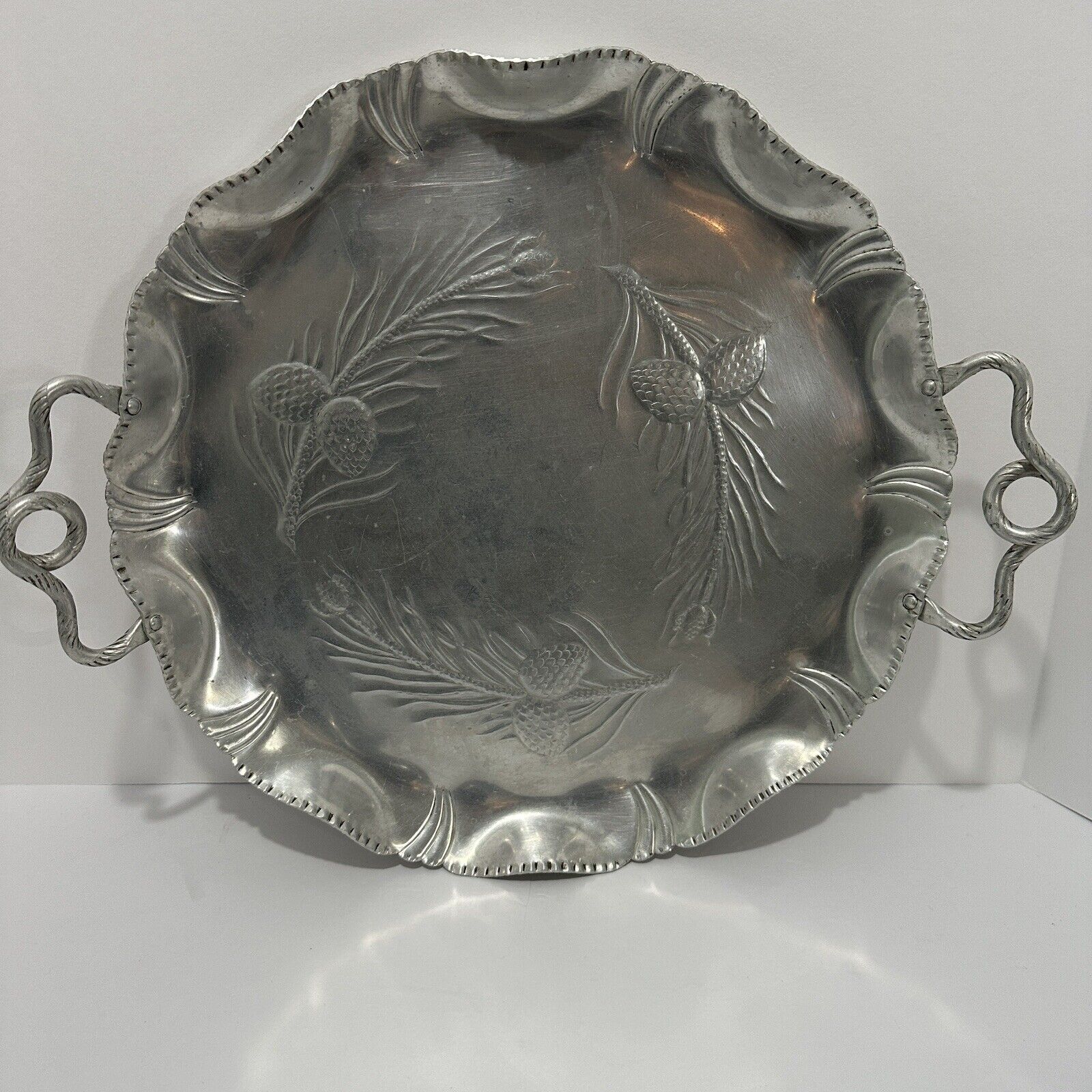 Vintage Hand Wrought Aluminum Tray  15” Art Deco Style Pine Cone Motif