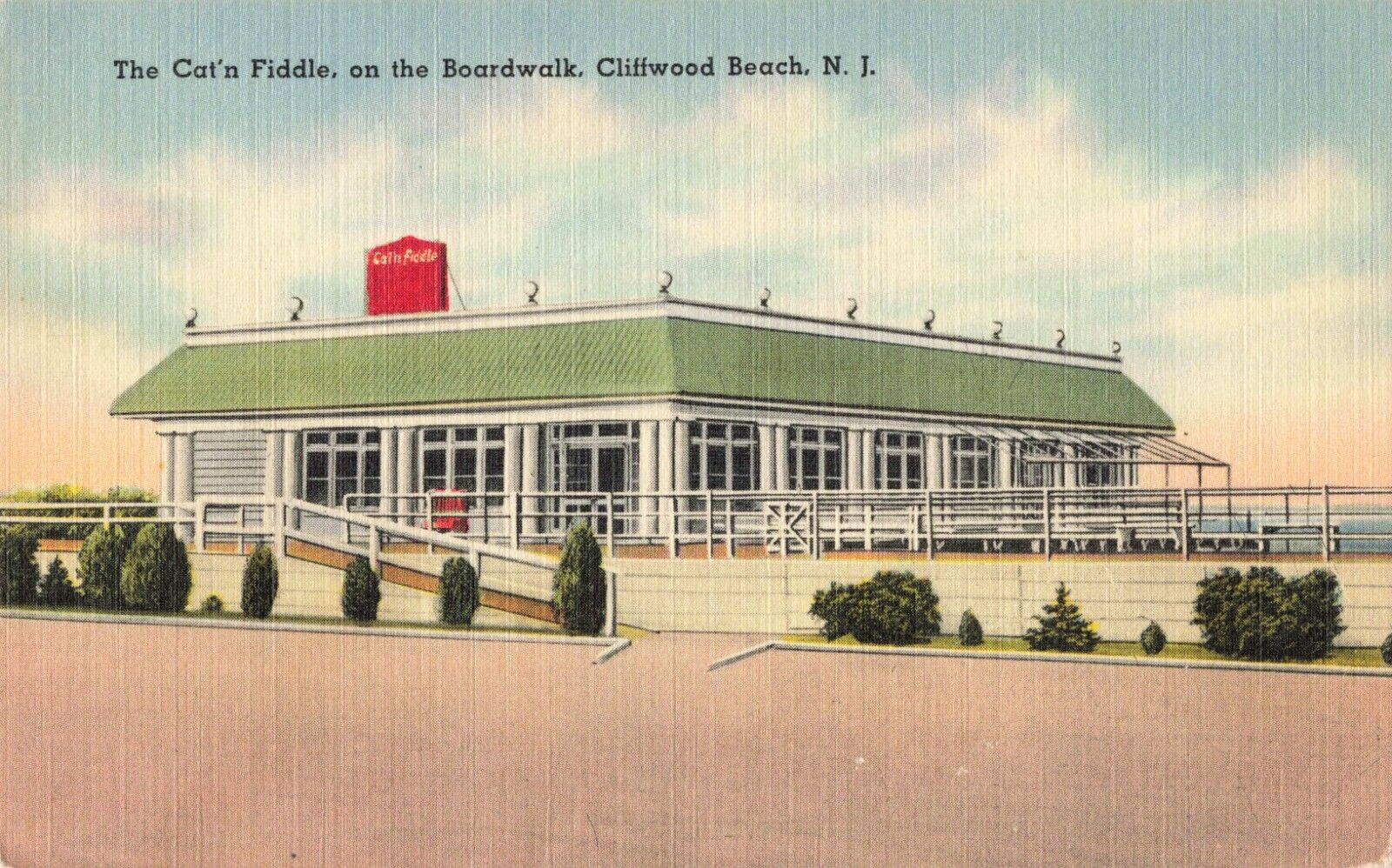 The Cat 'n Fiddle Restaurant on Boardwalk Cliffwood Beach New Jersey NJ c1940 PC