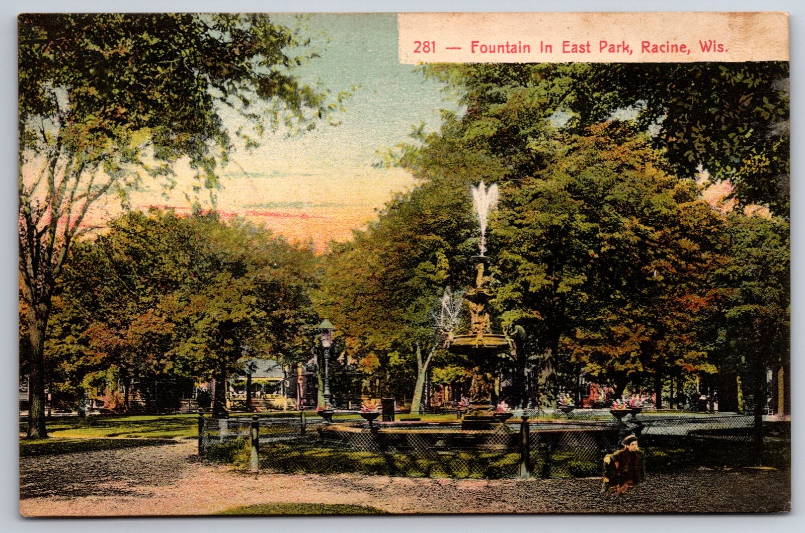 Racine Wisconsin~East Park Fountain~Boy Sits in Front~c1910 Postcard