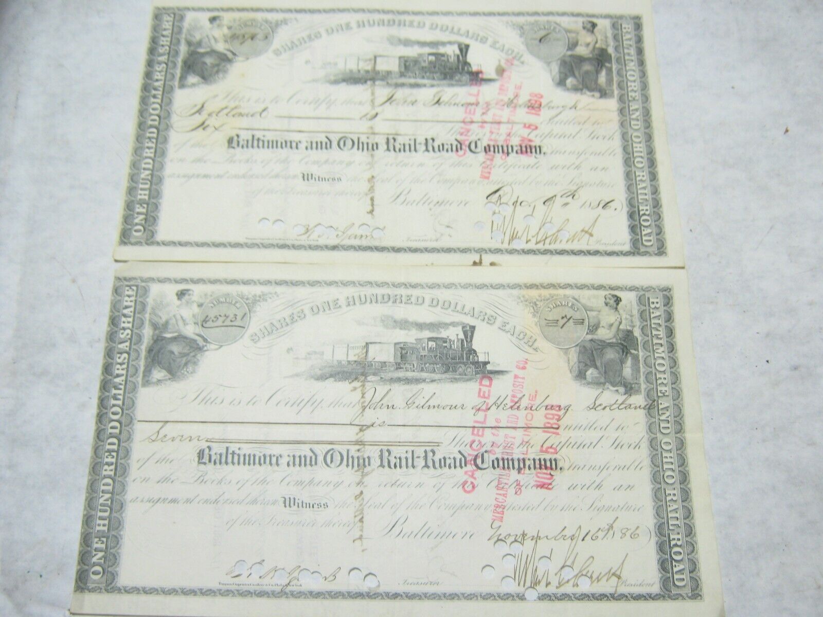 2 - 1886 John Gilmore Helensburgh Scotland Baltimore & Ohio RR Stock Certificate