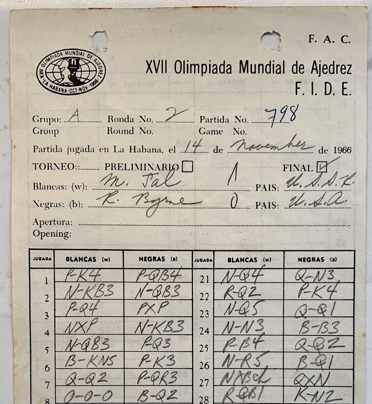 1966 Chess Tournament Signed Scoresheet Mikhail Tal win Robert Byrne Havana