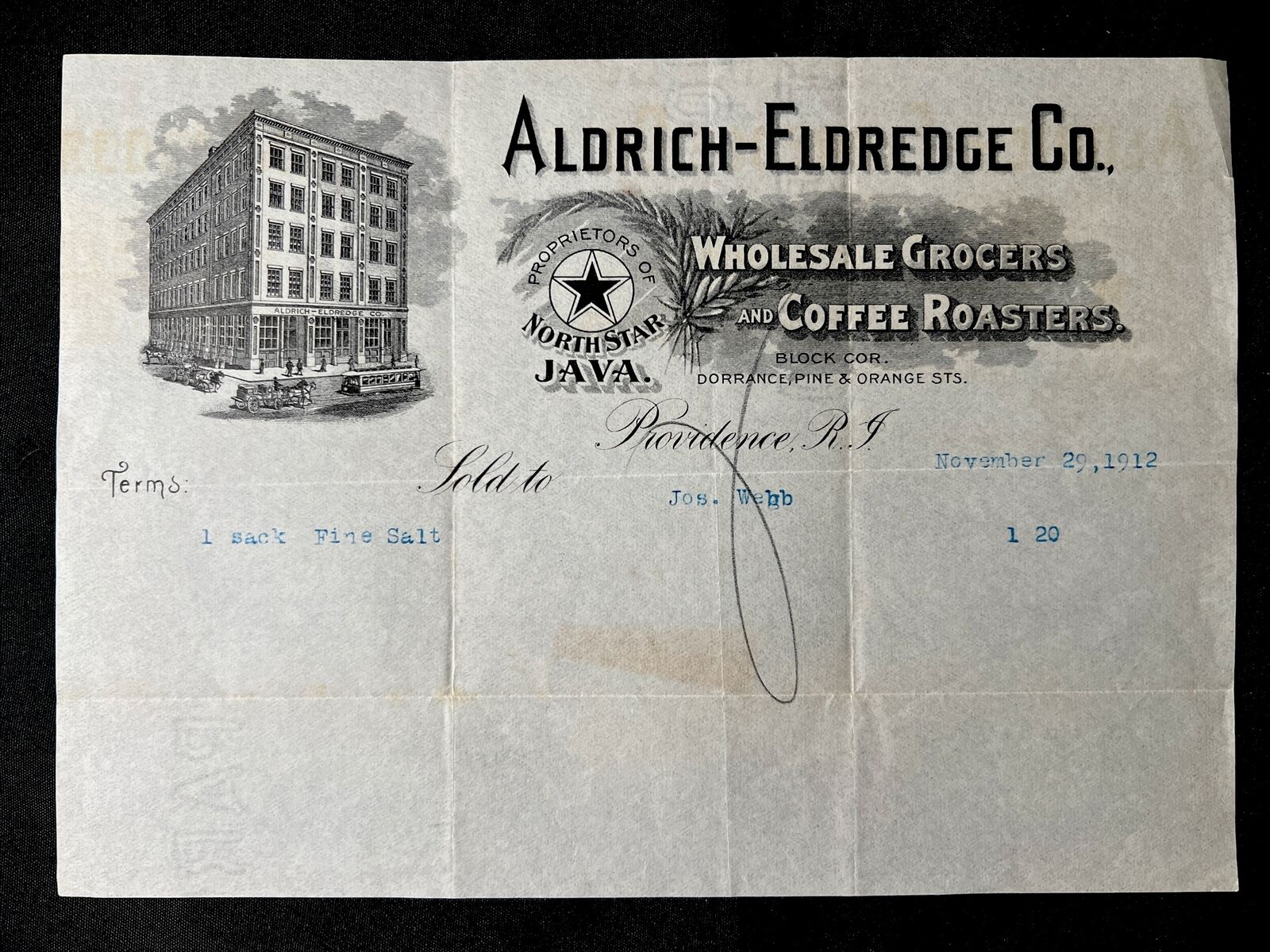 antique 1912 ALDRICH - ELDREDGE COFFEE ROASTERS Grocers Bill Head PROVIDENCE RI