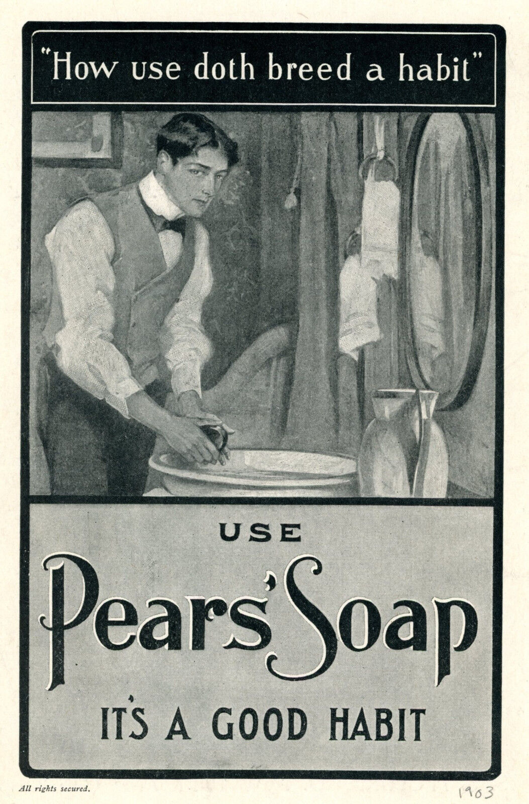 1903 Original Pears\' Soap Ad. Handsome Young Man Washing Up In A Wash Bowl/Basin