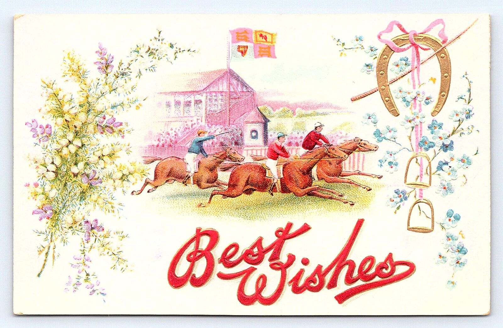 c1907 Horse Racing Horse Shoe Stirrups Best Wishes Embossed Antique Postcard C26