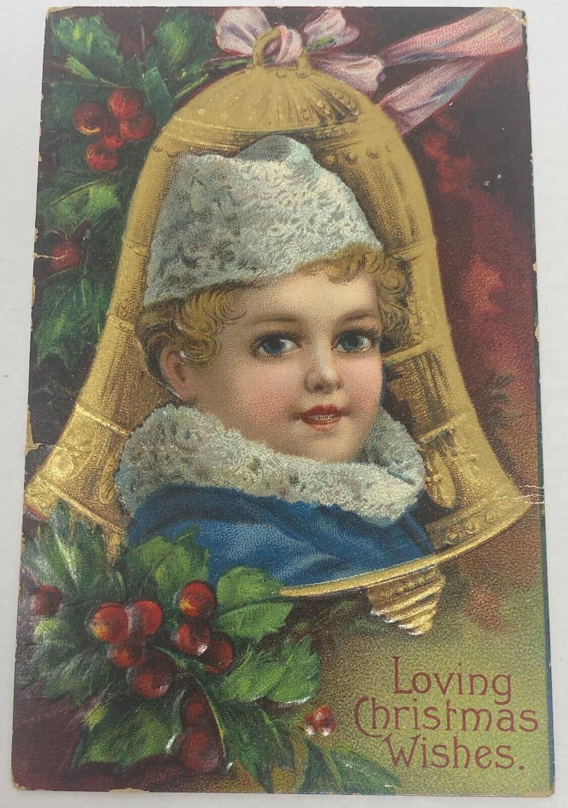 VTG Loving Christmas  Wishes Victorian Child in Bell Postcard Printed Germany